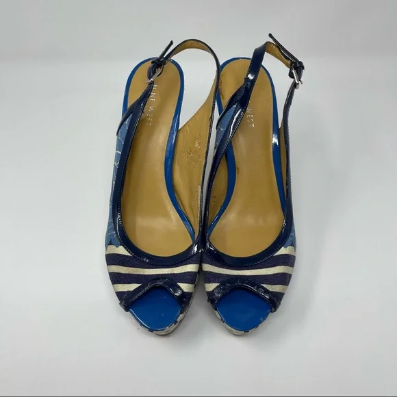 Nine West Blue Patterned Cork Heel Slingback Peep Toe Pumps Size 10 - Picture 2 of 8
